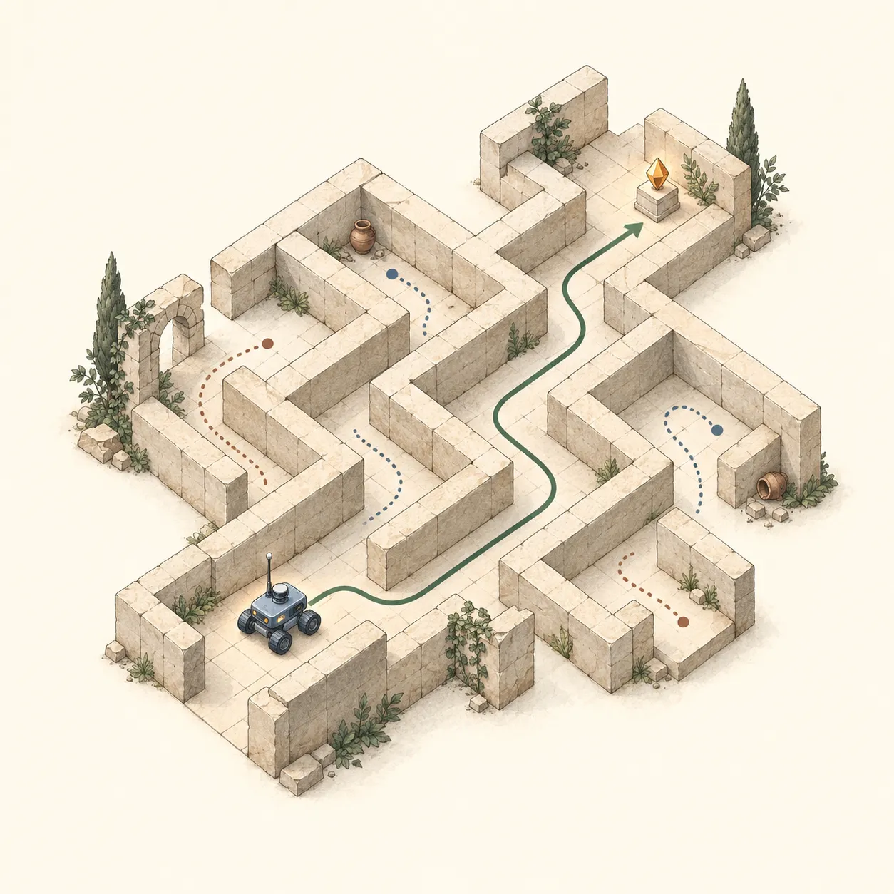 An illustrated rover explores an isometric maze, with dotted trial paths and a green route toward a golden reward.